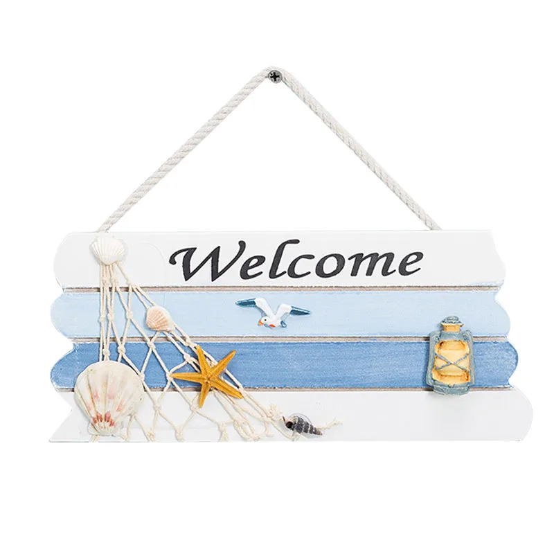 Ocean Style Wooden Hanging Welcome Board Door Sign Plate Pendant Handicraft Gifts Home Coffee Shop Decoration Photo Wall Decor