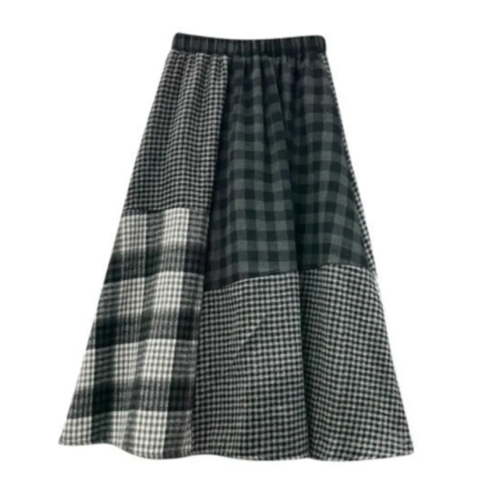 Nieuw in dames herfst winter onregelmatige geruite midi-rok 2025, vrouwelijke Koreaanse stijl, elegante hoge taille rokken