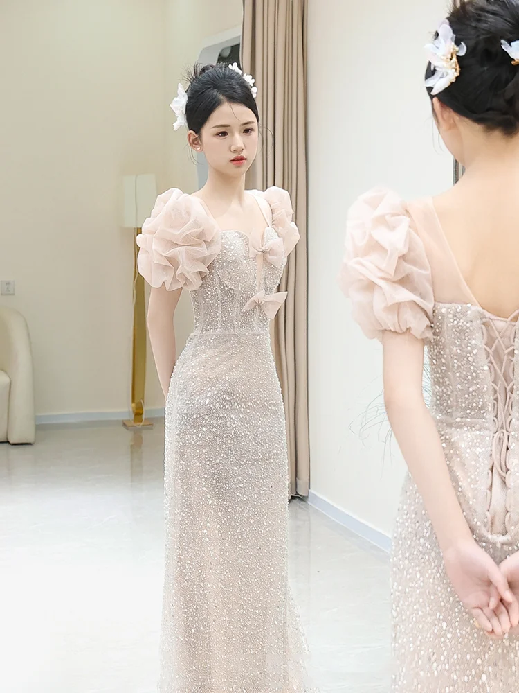 

Pink Slimming Reformed Evening Dr Fi Tail Gown Suitable for Wedding And Banquet Deep V Ne Long Sve Dr