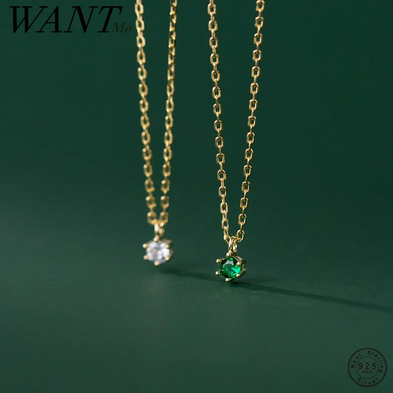 WANTME 925 Sterling Silver Luxury Green Zircon Simple Small Pendant Charm Necklace for Women Fashion Girl Jewelry Accessories