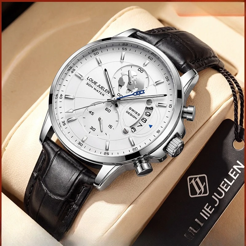 Stainless Steel Business Three-Eye Chronograph Date Dual Display 30M Waterproof Luminous Quartz Watch for Men