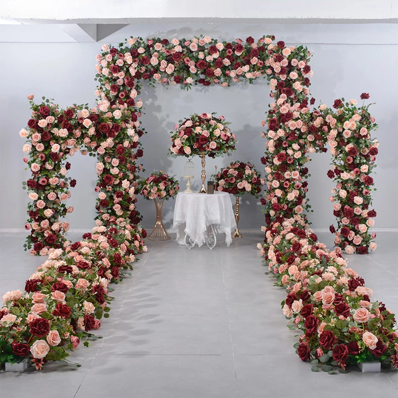 Burgundy Pink Rose Green Eucalyptus Leaves Floral Row Arrangement Wedding Backdrop Arch Frame Decor Event Stage Flower Stand