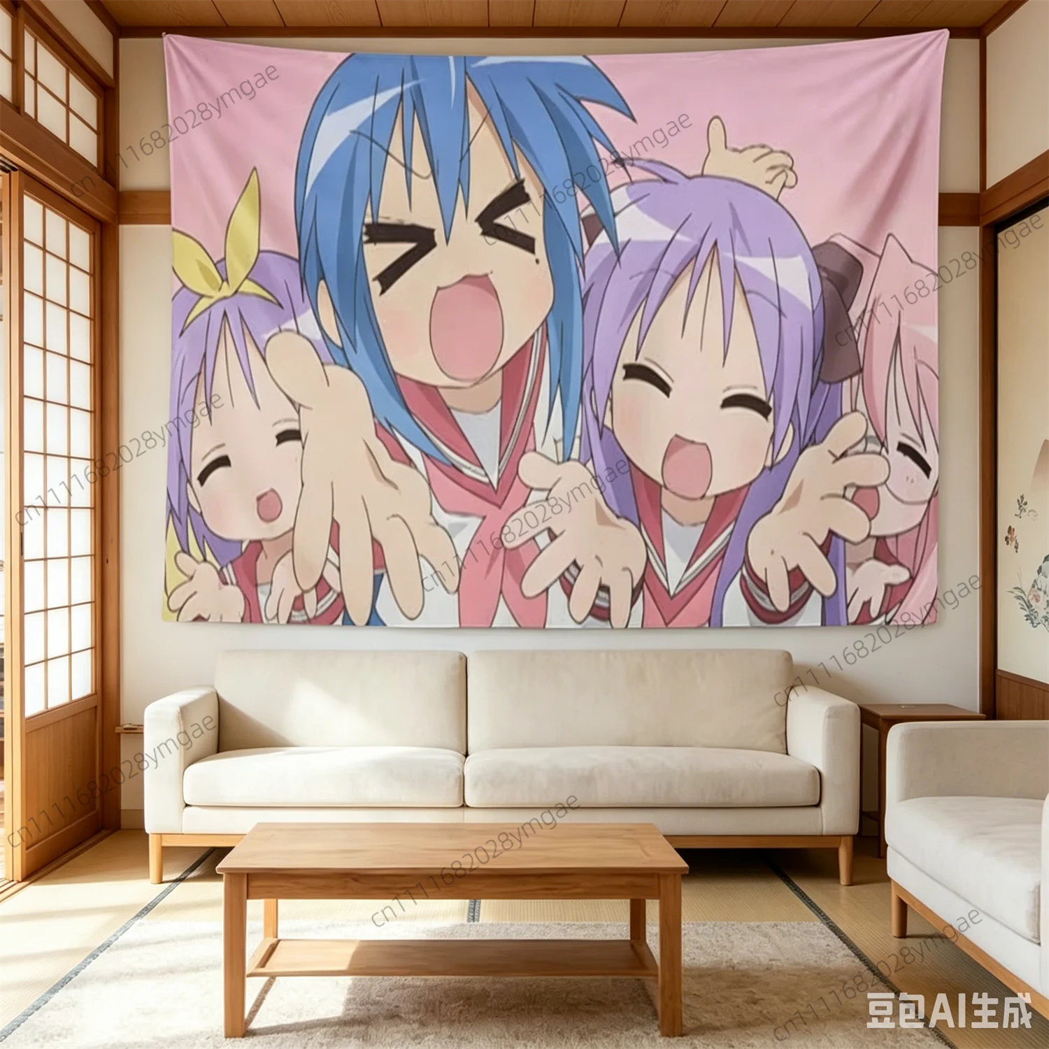 Kawaii Anime Lucky Star Wall Tapestry Cute Girl Pink Flag Bedroom Cartoon Tapestries Dorm Sweet Background Cloth Home Room Decor