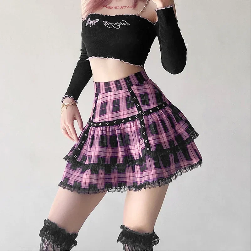 

Pop Mall Goth Gothic Lace Ruffle Mini Skirts Womens Harajuku Fairy Grunge Pink Plaid Pleated Skirt Japanese Lolita Streetwear