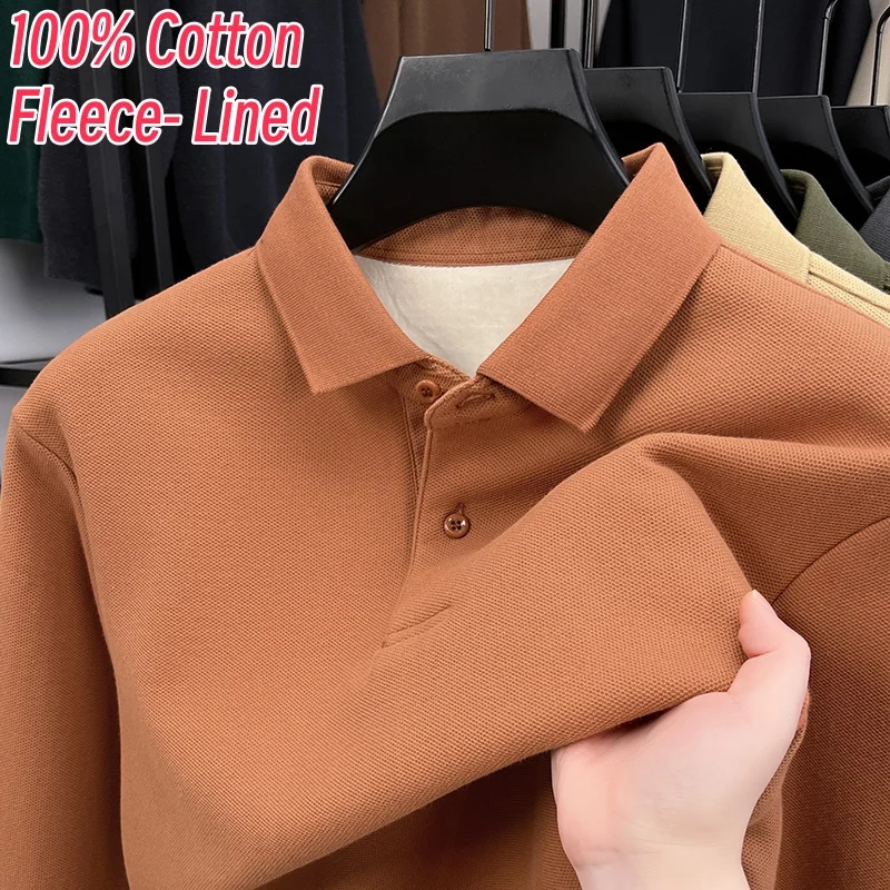 100% Cotton Thick Polos Men Autunm Winter Classis Business Basic Fleece-Lined Clothing Long Sleeve Causual Thmermal Polo Shirts