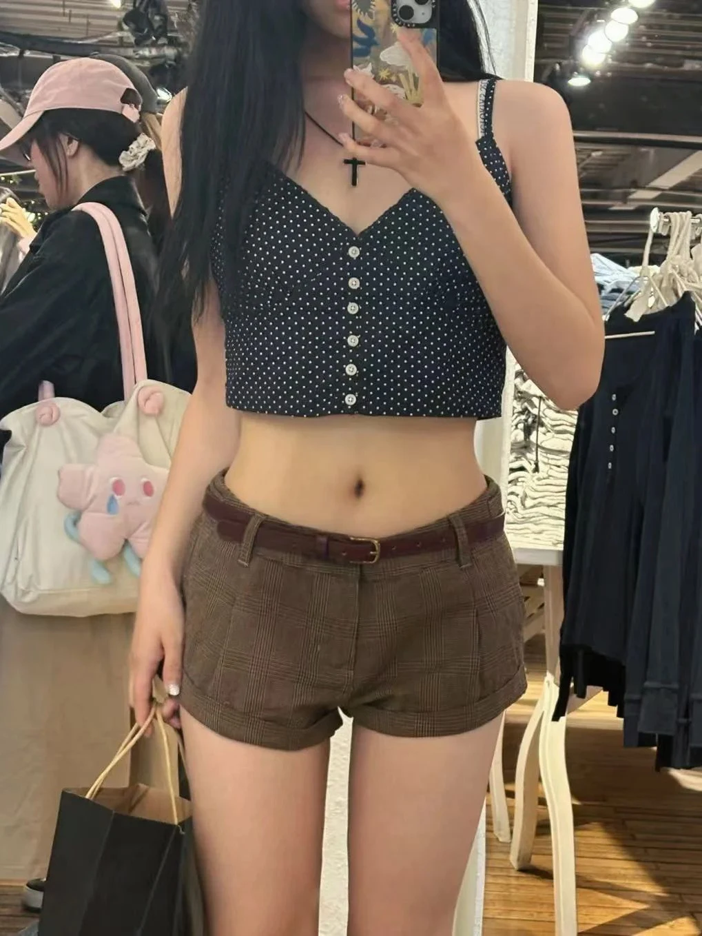 Brązowe Szorty w Kratę Damskie Jesienne Niskie w Pasie Bawełniane Proste Krótkie Spodnie Damskie Vintage Streetwear Uniwersalne Preppy Style Pant Y2k