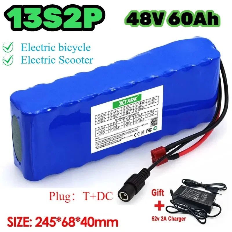 

13S2P 48v 60Ah 18650 lithium-ion battery pack plug DC+T suitable for 1000W electric bicycles，electric scooters with built-in BMS