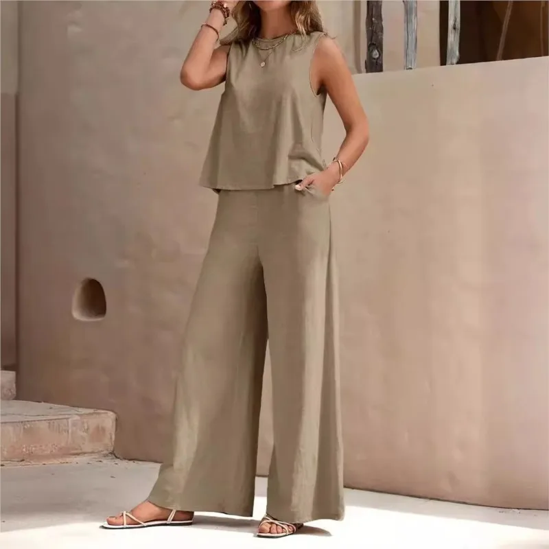 New Women's Sleeveless Vest And Trousers Two Piece Set Fashion Solid Color Two Piece Round Neck Top Pants Suit Casual Set