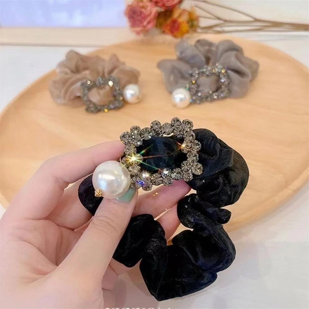 Luxury Organza Large Intestine Hairbands Retro Solid Color Women Girl Hair Ring Rope Glitter Rhinestone Pearl Hair Ties