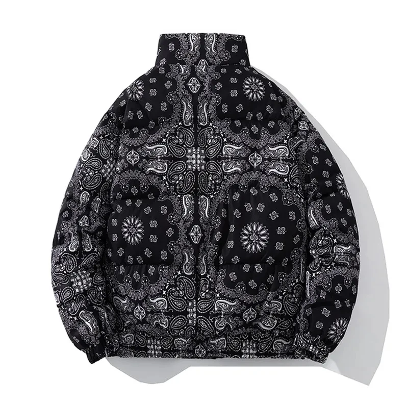 Winter Red Bandana Puffer Jacket Men Women 2024 Fashion Brand Luxury Paisley Print Loose Warm Zipper Harajuku Parka Bubble Coat