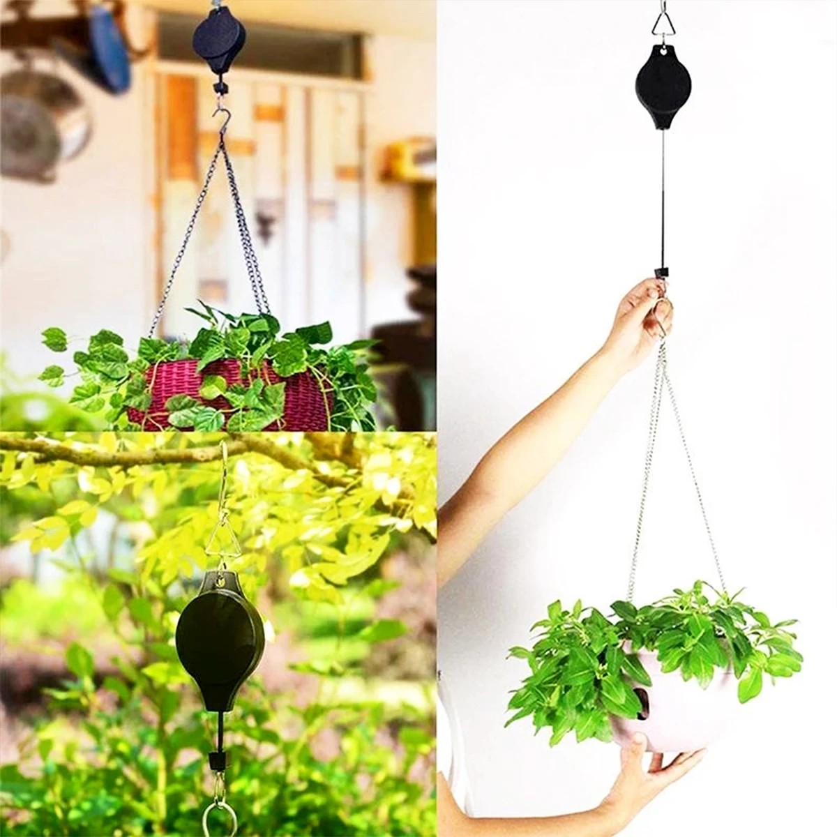 Ganchos Retráctiles Para Plantas Colgantes - Pack De 2, Ajustables De 0 A 90 Cm, Soporte Hasta 10 Kg, Color Negro