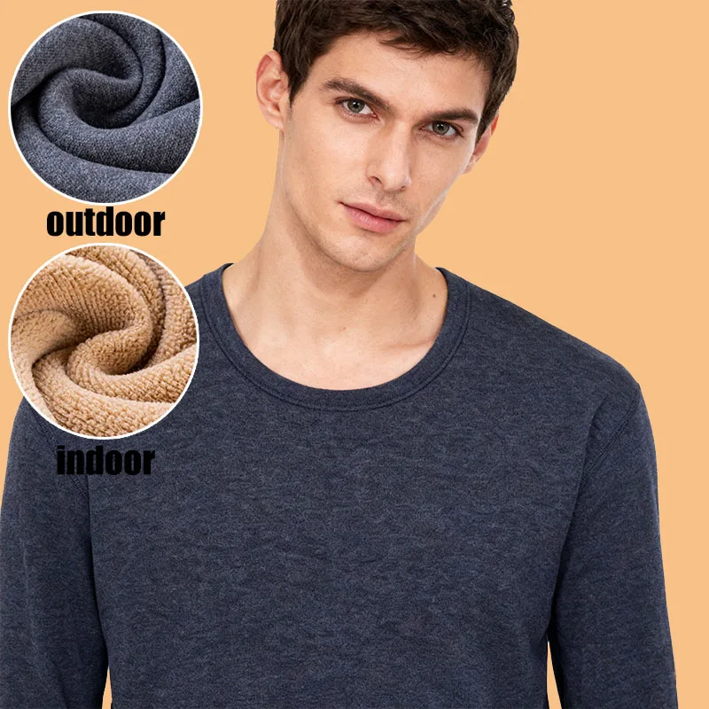 Winter Long sleeved Solid Men's Thicken Plush O-neck Keep Warm Tops Fleece Comfortable Soft Thermal Underwear Clothes Plus Size