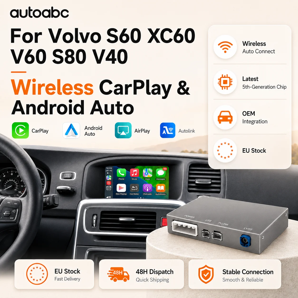 Décodeur sans fil Carplay Android Auto pour Volvo XC60 S60 V60 V40, prise en charge de la caméra, Airplay, navigation GPS, module BT