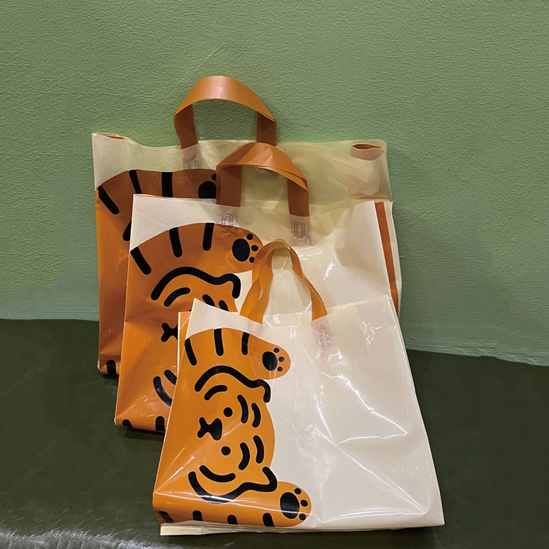 50Pcs Chinese Tiger Year Gift Bags Lovely Tiger Printed Shopping Bags Big Size Plastic Clothes Store Packaging Bags with Handles