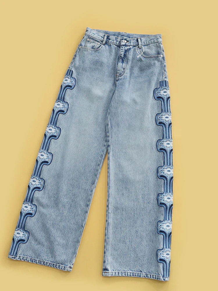 Loose Wide Leg Blue Jeans High Waist Cotton Spring Summer 2026 Side Embroidered Flowers Women's Standard Fit Jeans