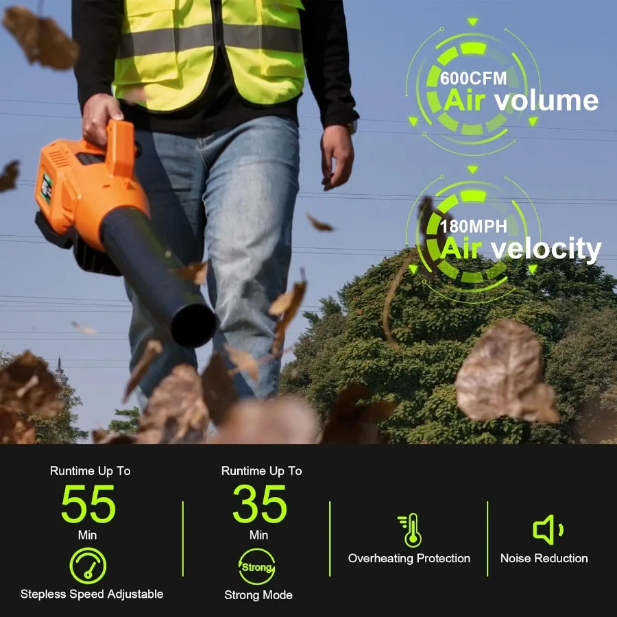 Soffiatore per foglie a batteria con motore potente da 40 V per un efficiente cura del prato e una pulizia del patio Flusso d'aria di 600 CFM e velocità di 180 MPH con Va