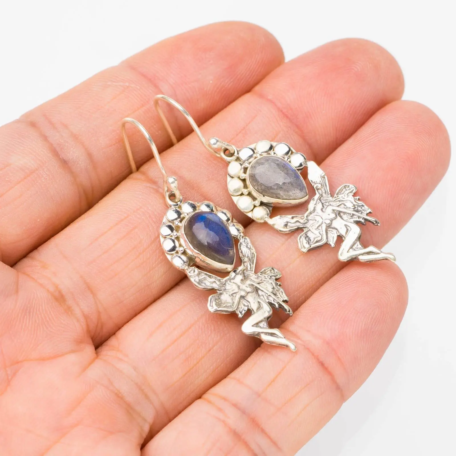 StarGems® Natural Blue Fire Labradorite Fariy Handmade 925 Sterling Silver Earrings 1.75