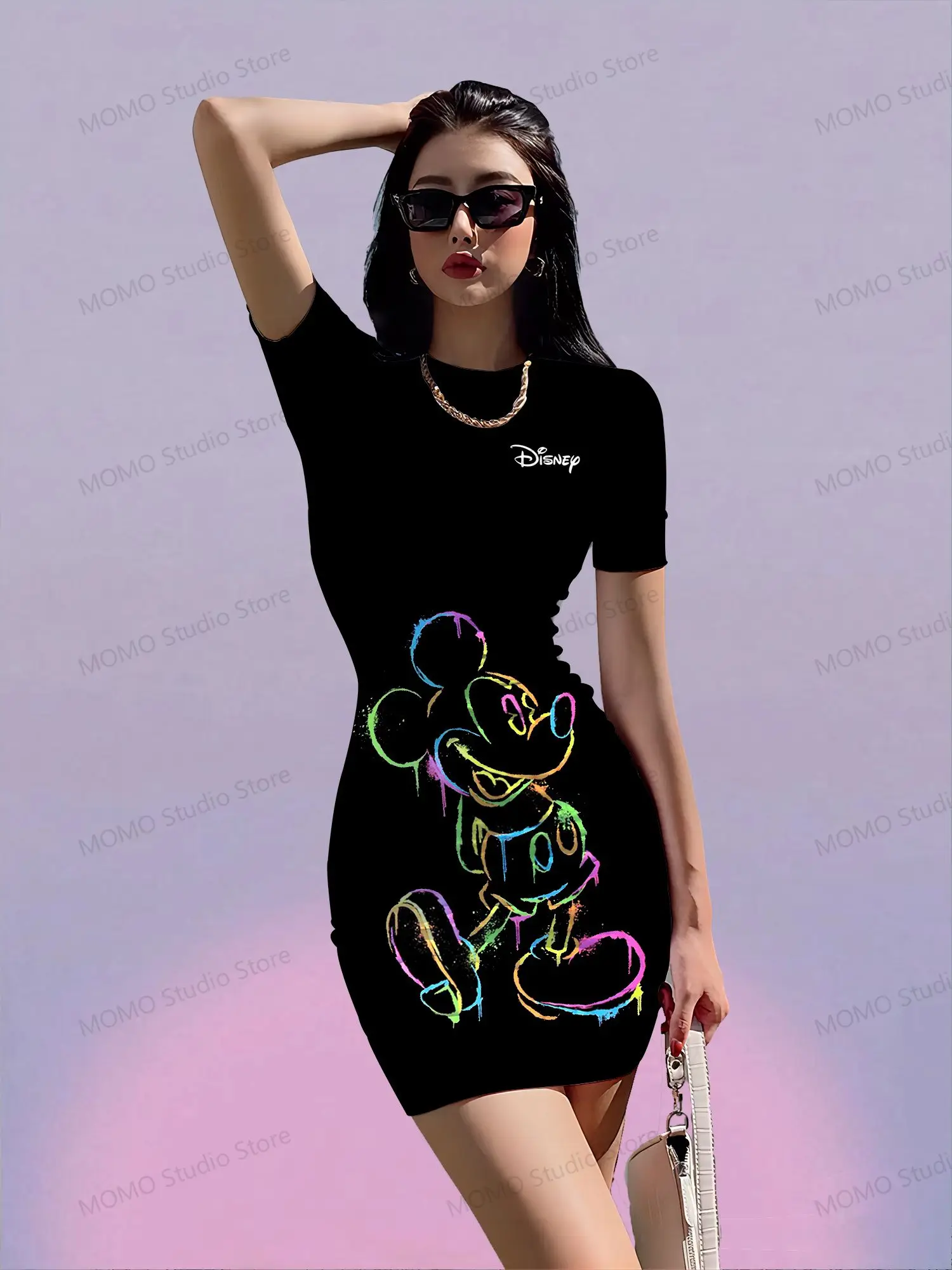 

Women's Short Sleeve Hip Dress Kawaii Disney Mickey Mouse S-3XL Fashion Summer Dresses 2024 O Neck Y2k New Elegant Sexy Ladies