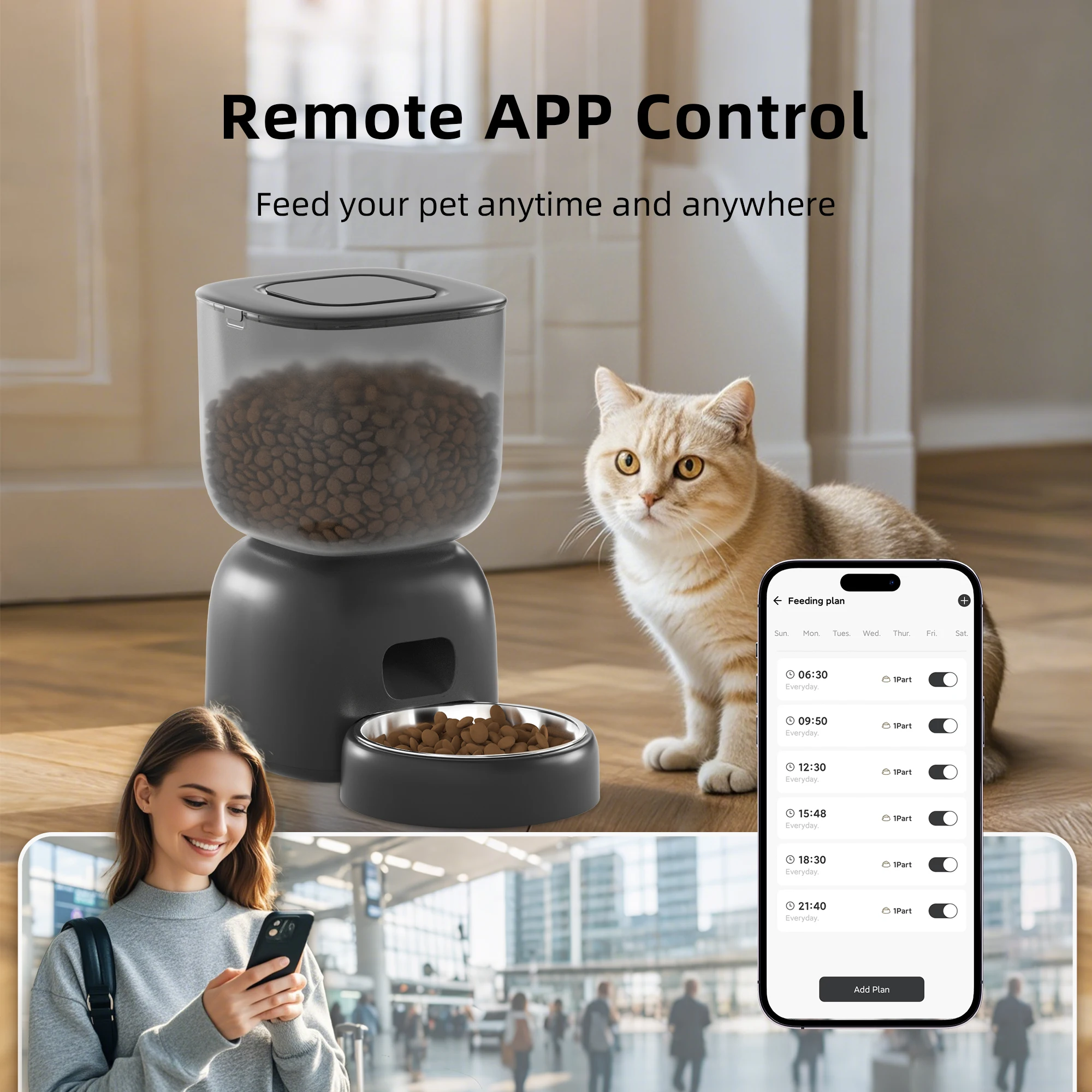 Petwant Automatic Cat Feeder 3L Supports WiFi APP Remote Control 10s Voice Recording Dual Power Supply Cat Food Kibble Dispenser