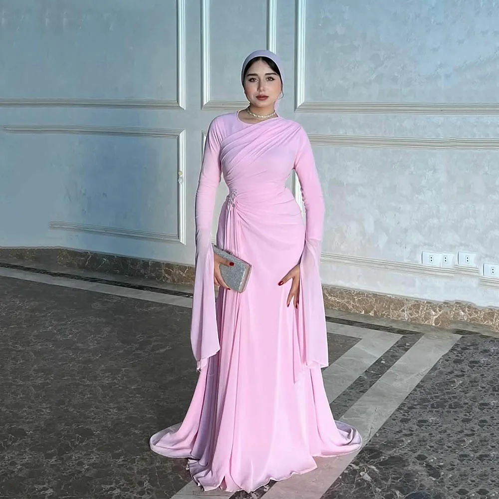 Msikoods rosa manga longa vestidos de noite modesto vestido de baile drapeado elegante estilo muçulmano vestido de festa de noite para mulher personalizado