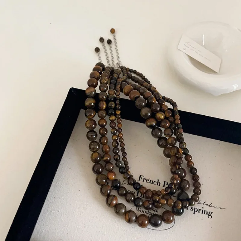 Minar Vintage 4 6 8 10mm Natural Stone Tigereye Strand Beaded Necklace for Women Femme Silver Plated Chain Chokers Sweater Chain