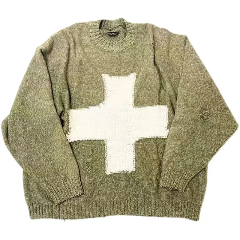 KAPITAL Hirata Loose Cross Printed Sweater Autumn Winter Slouchy Knit Fashion Top Knitted Wool Blend Pullover for Men and Women