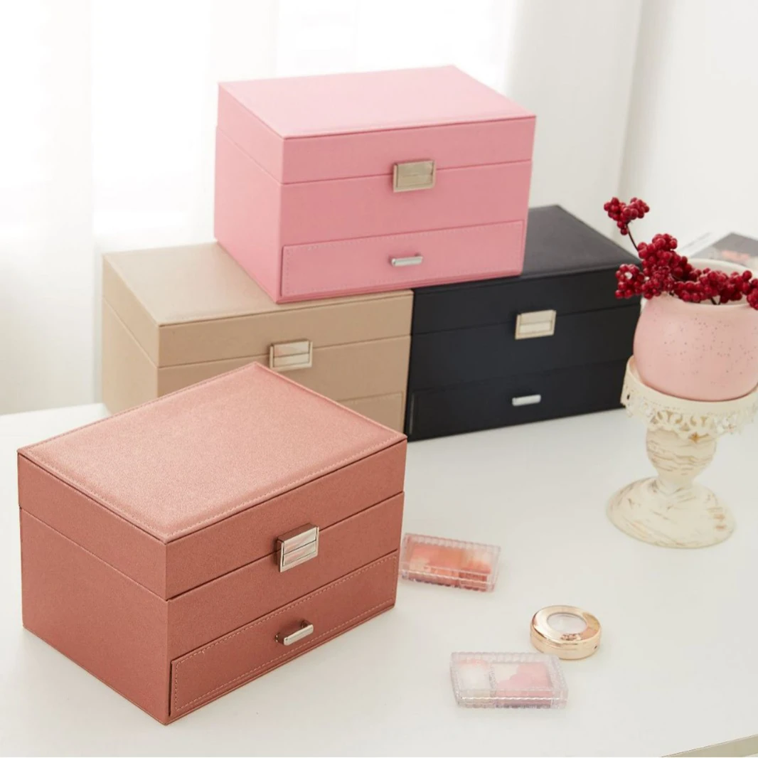 Large Capacity Jewelry Box Three Layer PU Waterproof Cosmetic Storage Bag European Retro Multi Functional Jewelry Box