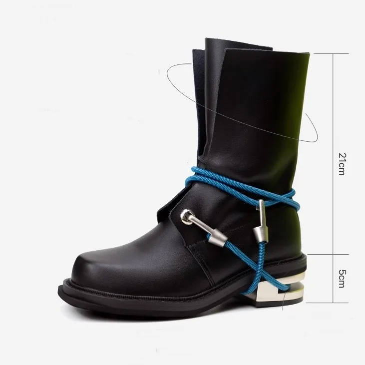 90S أحذية خمر للرجال جلد أسود جولة تو كابل المشي لمسافات طويلة السنانير الأشرطة المعدنية كعب سميك الدانتيل متابعة منتصف العجل التمهيد الذكور الأحذية #6