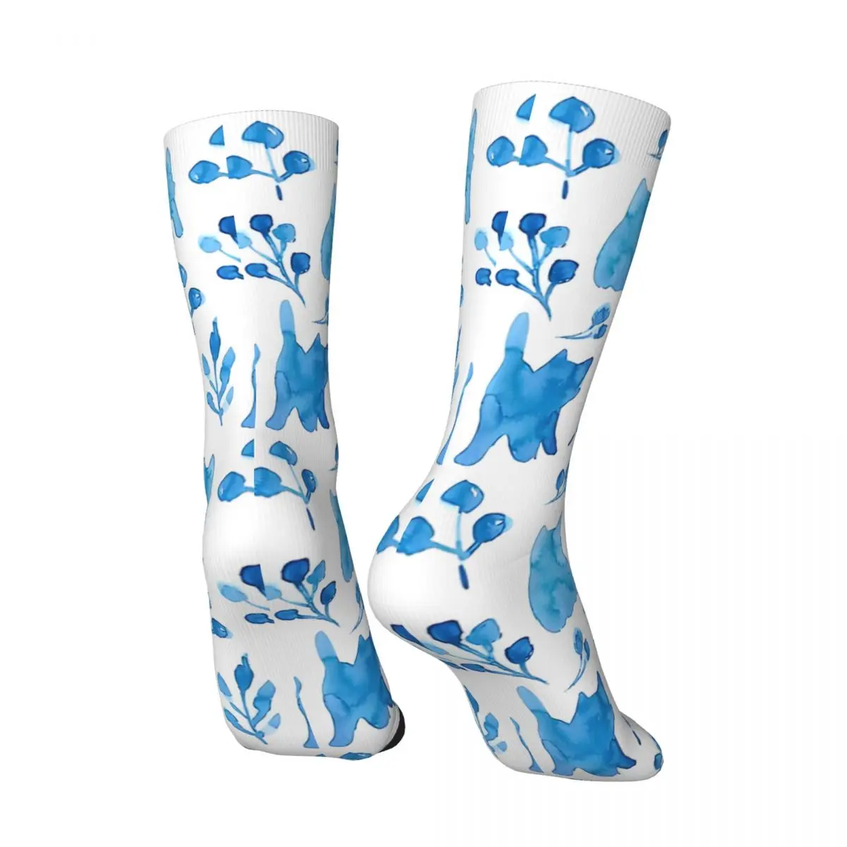 Retro Blue Watercolor Cats Flowers And Berries Summer Men's compression Socks Unisex Harajuku Seamless Printed Novelty Crew Sock