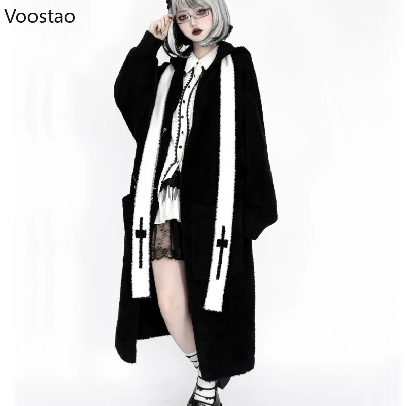 Y2k Esthetiek Lolita Stijl Lang Gebreid Vest Vrouwen Gothic Grunge Punk Capuchon Trui Jas Vrouwelijke Streetwear Truien Tops