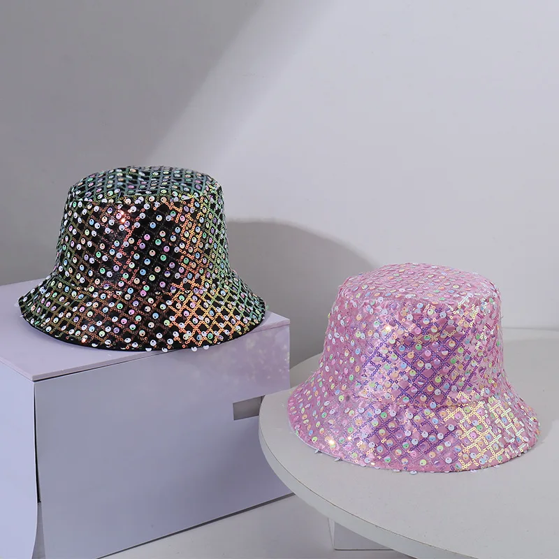 Bling Sequin Bucket Hat Unisex Hip Hop Street Dance Party Glitter Sun Hat Fashion Outdoor Summer Spring Cap for Women Men Casual