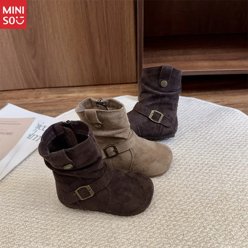 

Miniso 2025 Girls Fuzzy Leather Boots - Birkens Style Suede Short Boots with Stacked Design, Winter Shoes
