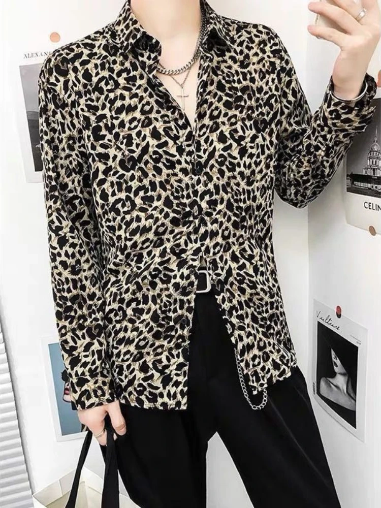 Men's Leopard Print Long Sleeve Shirt Loose Fit Wrinkle-Free Vintage Edgy Top