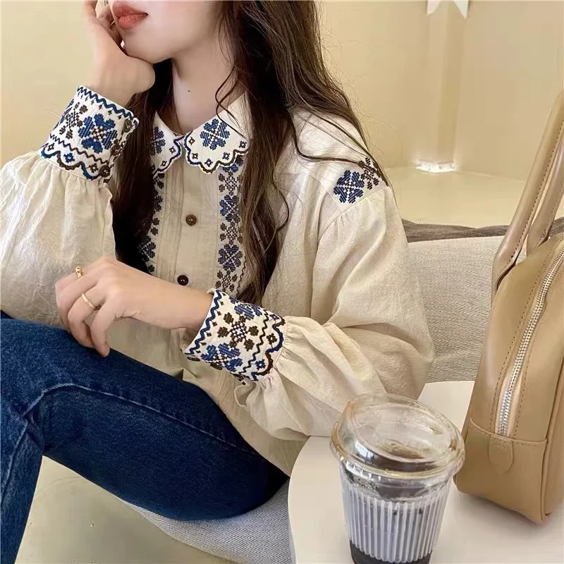 Retro Heavy Industry Embroidery 2024 Women\'s Spring and Autumn Pullover Lapel Panel Button Fashion Slim Fit Long Sleeved Shirt