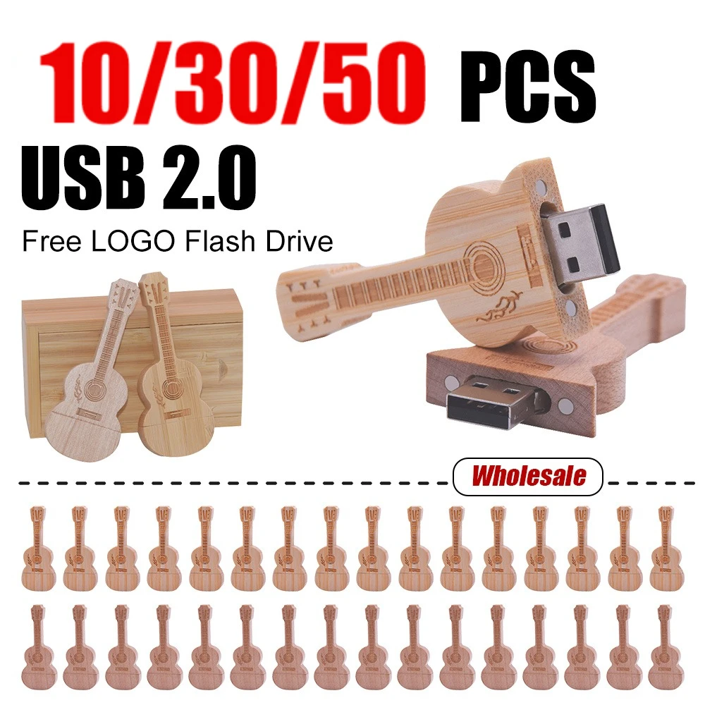 

10/30/50pcs/lot custom wooden guitar pen drive usb flash drive memory Stick pendrive 4GB 16GB 32GB 64GB 128GB Cle usb Free Logo