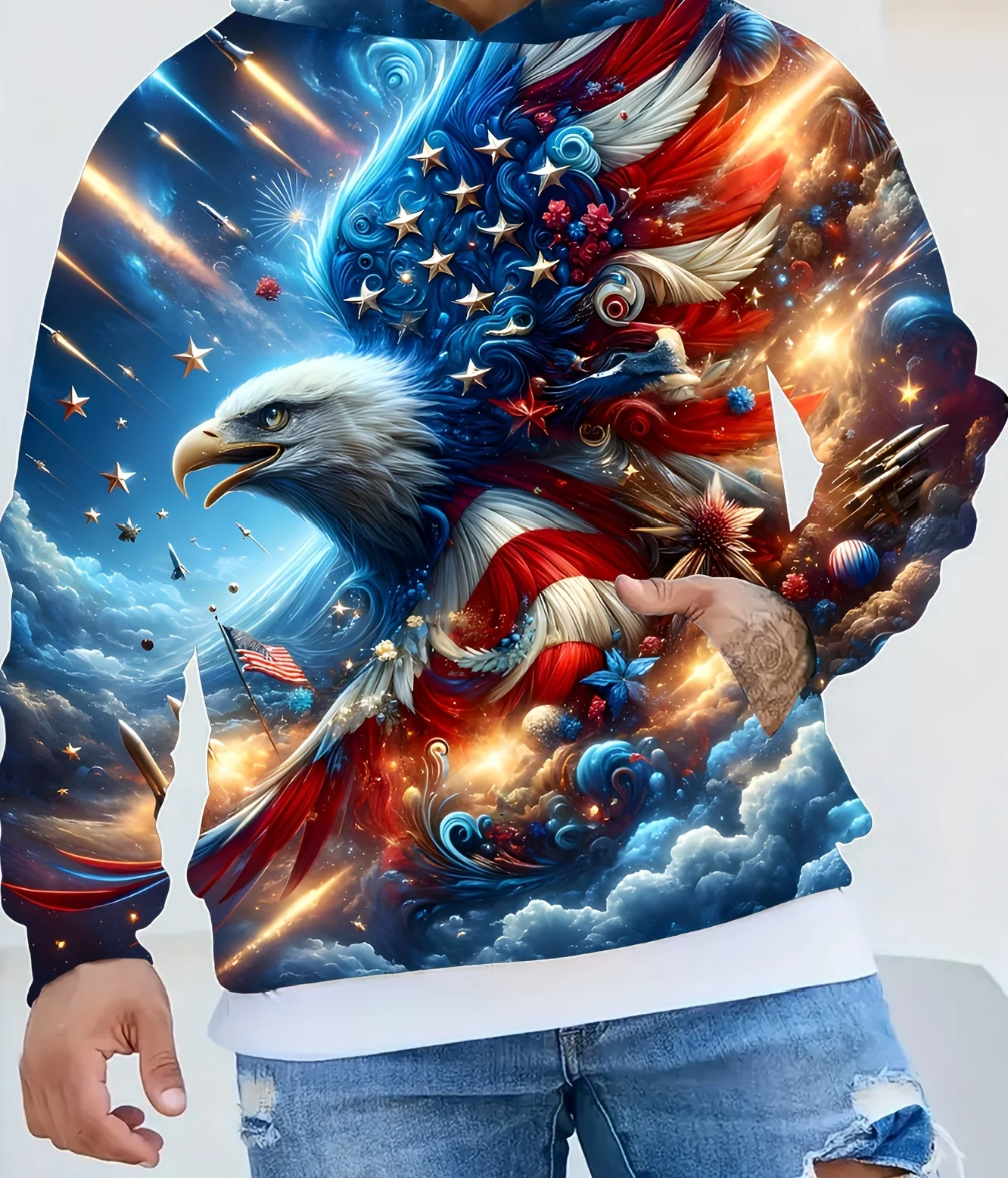 سويت شيرت بغطاء للرأس بأكمام طويلة للرجال من Street Sport Style، بلوفر فضفاض بطباعة رسومات النسر العصرية مع جيوب