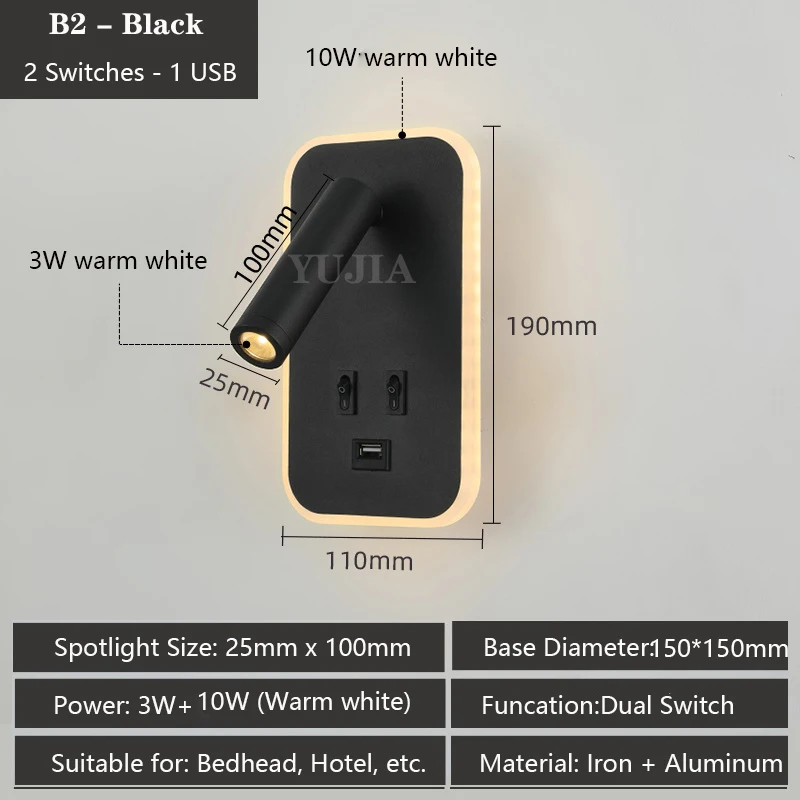 Moderne led-wandkandelaar leeslamp 2 schakelaars Type-A & Type-C USB-poorten 3W verstelbare spotlight + 10W backlight bedlampje