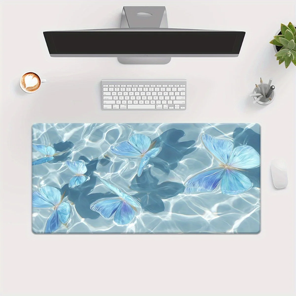 Blue Butterfly Water Ripple Extended Mouse Pad Rubber Non-Slip Desk Mat for Gaming PC Office