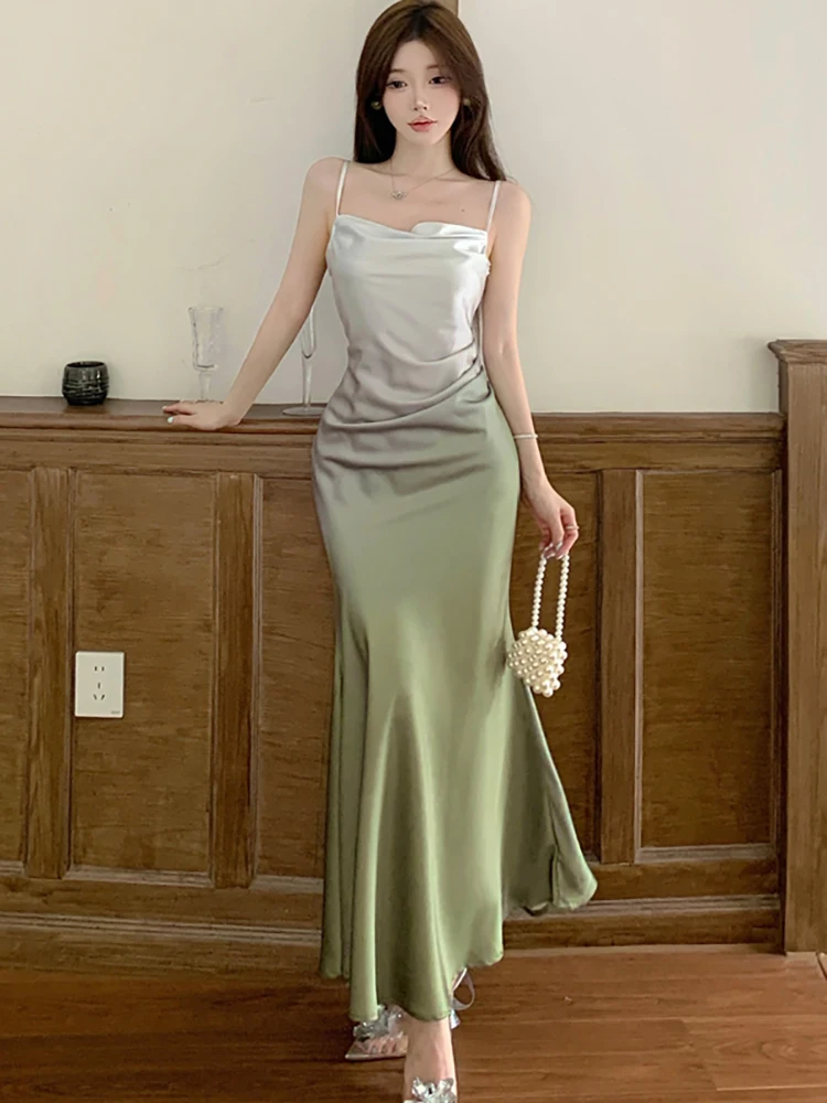 韓国ヴィンテージ風ラグジュアリーフェスティバルドレス、サマーグラデーショングリーンアセテートサテン スリングドレス、2025年エレガントボディコンダンスプロムドレス