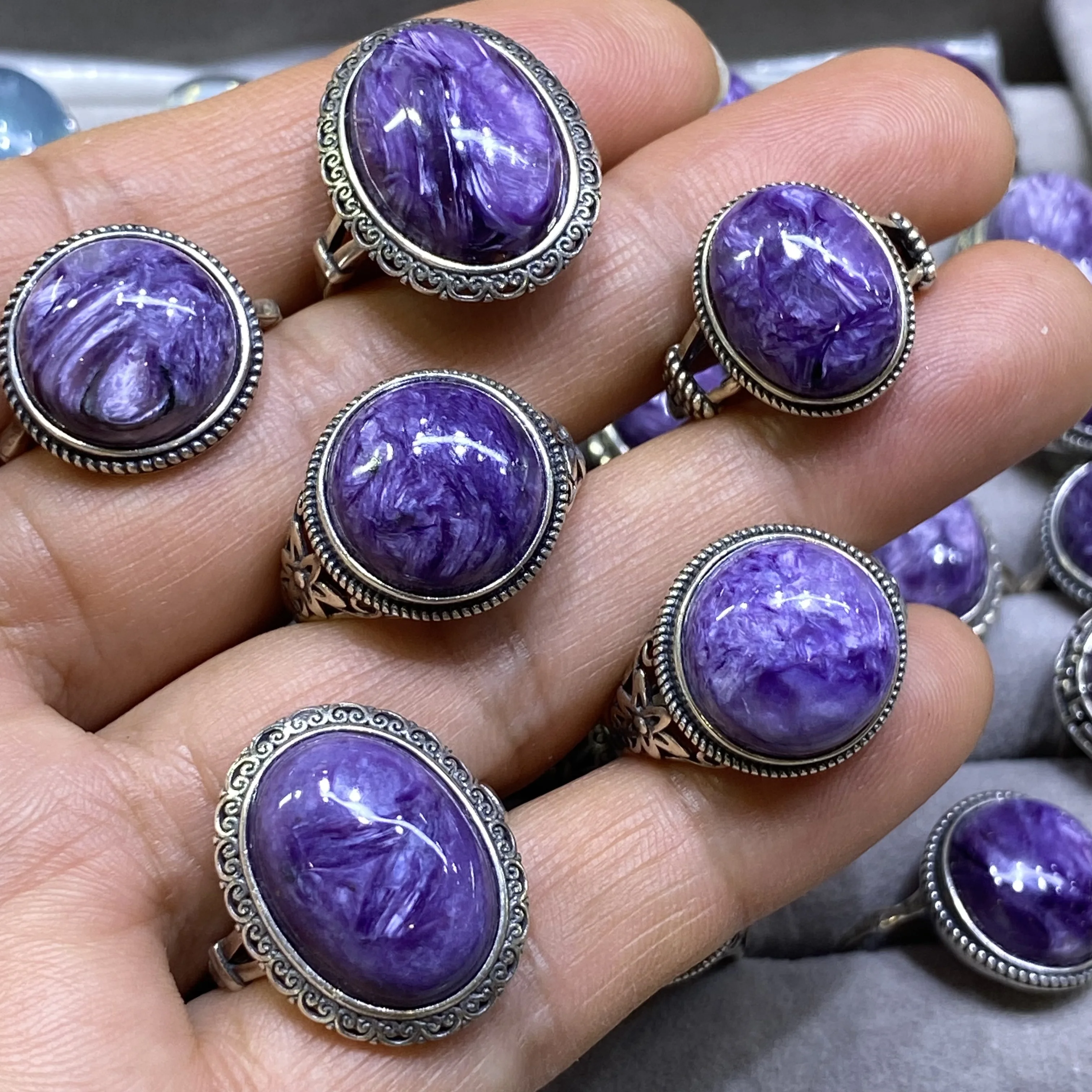 Unit One Piece 925 Silver With Natural Purple Charoite Gemstone Crystal Finger-Rings For Gift