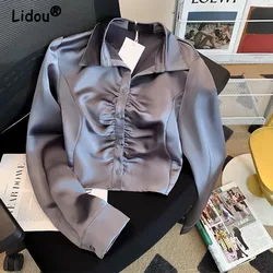 2023 Autumn New Satin Shirt Women's Slim Fit Style Fashion Waist Shorted Comfortable and Versatile Long Sleeve Top