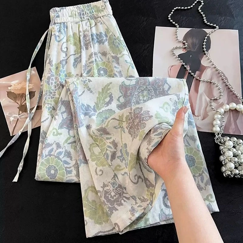

Весенне-летние женские брюки с высокой талией и цветочным узором, повседневные хлопковые брюки с цветочным принтом для женщин