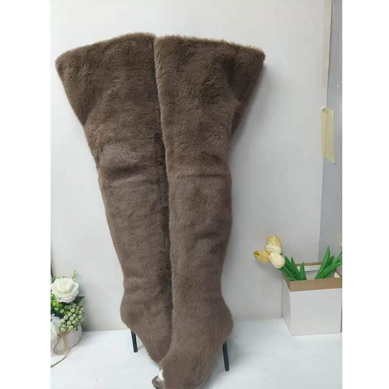 

2026 White/black/brown sexy peep toe soft mink fur thigh high boots women's high heels long boot big size 43 designer party shoe