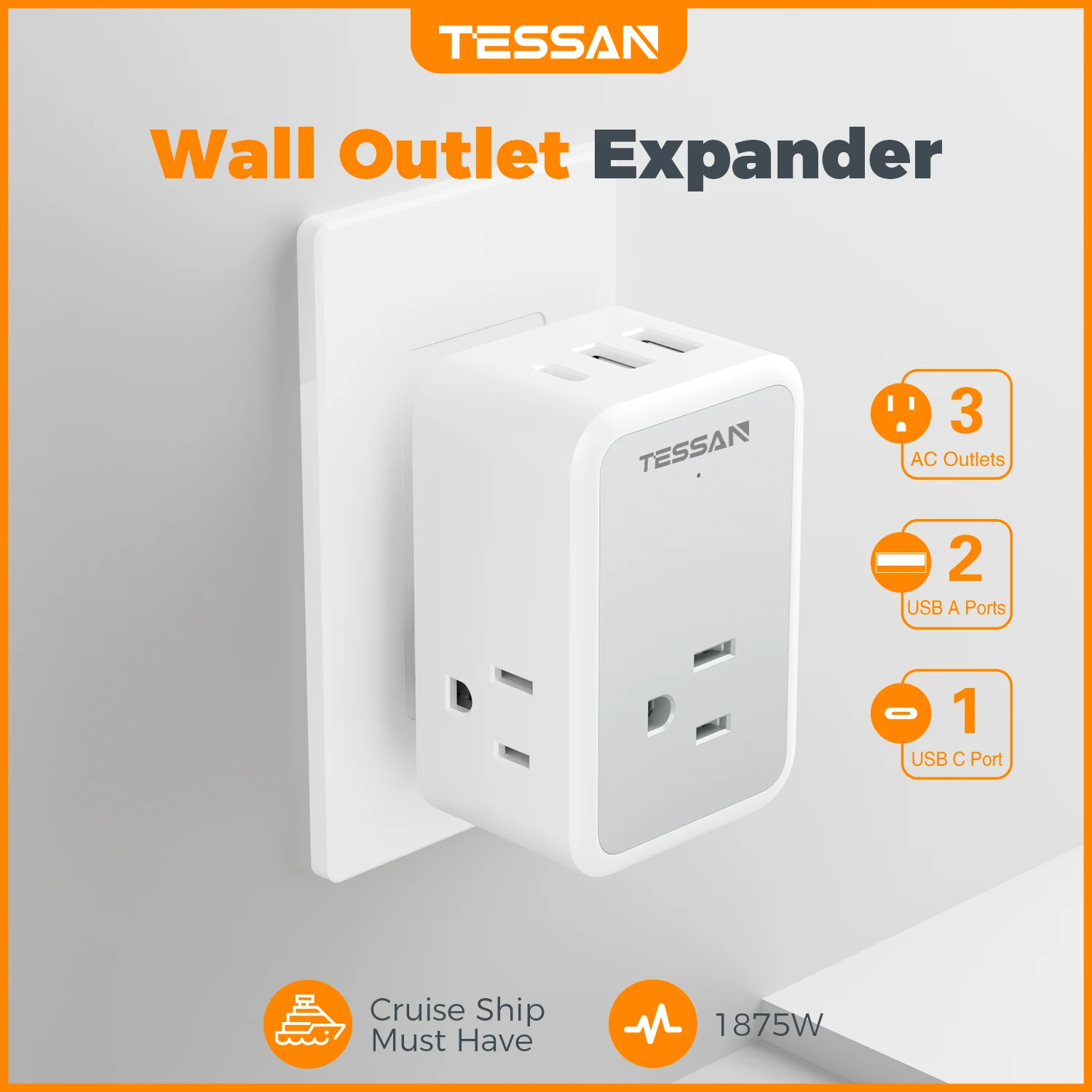 TESSAN US Plug Power Strip 6 in 1 Multi Plug Socket with 3 USB Charging Port and 3 AC Outlets Multi-Contacts Wall Adapter Travel