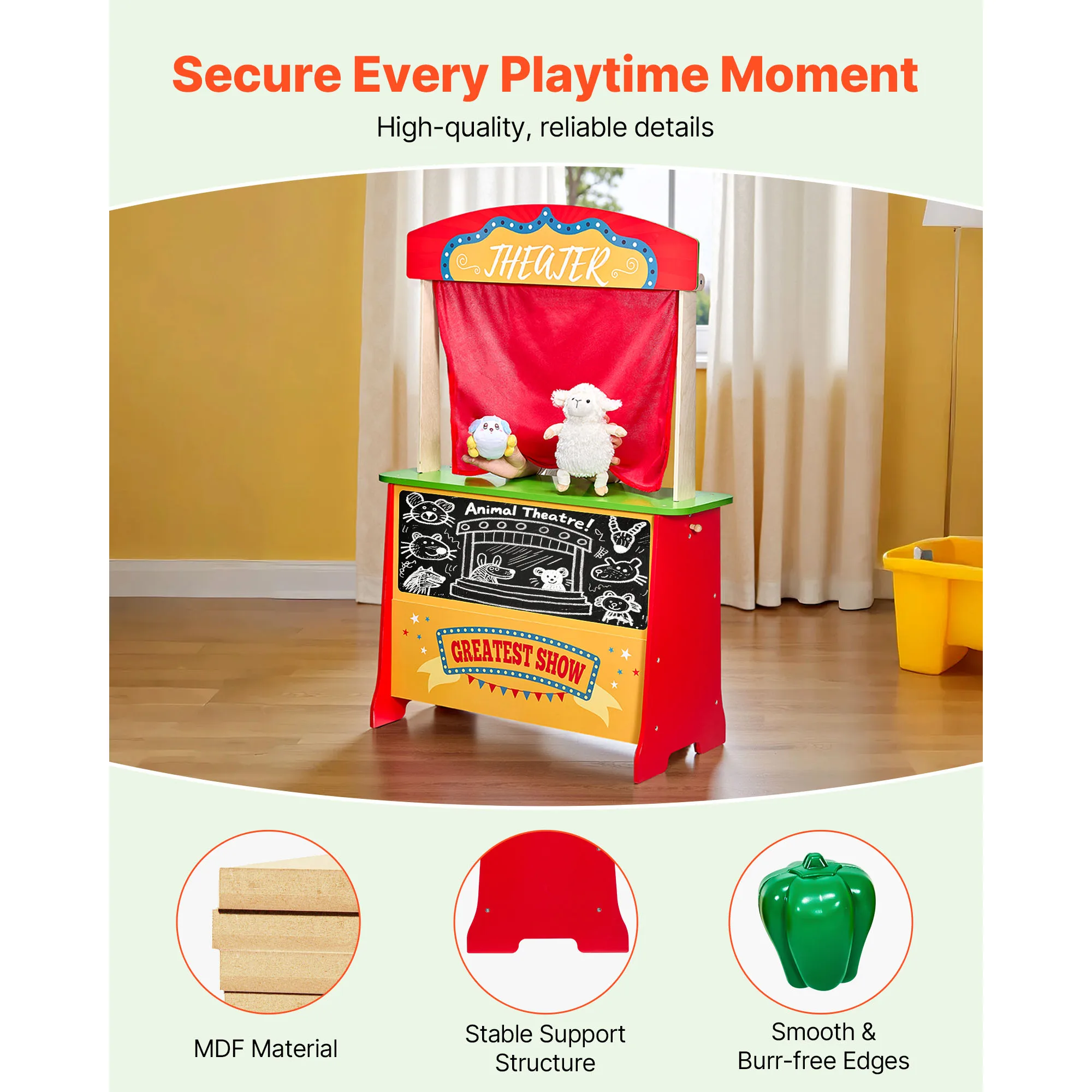 SucceBuy 2-in-1 Kids Wooden Puppet Theater Grocery Store with Curtains Reversible Play Store Playset Toys for Children Gifts