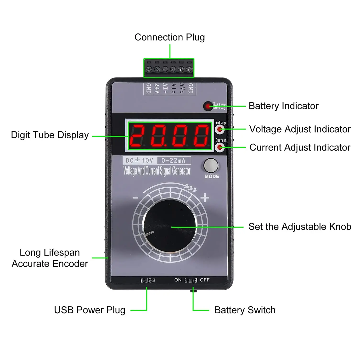 Adjustable 4-20mA Signal Generator Current Voltage Analog Simulator 0-10V/0-22mA Signal Sources for Value Adjusting PLC