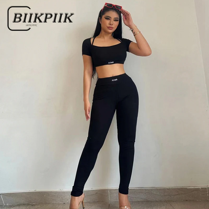 BIIKPIIK Sporty Fitness Fashion Two Piece Sets Solid Crop Top + Elastic High Waist Pants Suits Casual 2023 Summer Basic Clothes