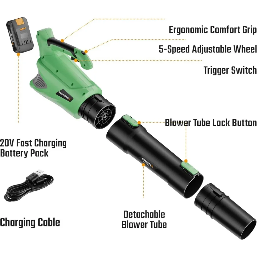 منفاخ أوراق كهربائي لاسلكي 20 فولت مع بطارية شحن من النوع 4.0 أمبير في الساعة للعناية بالعشب الفعالة وتنظيف الفناء وإزالة الغبار