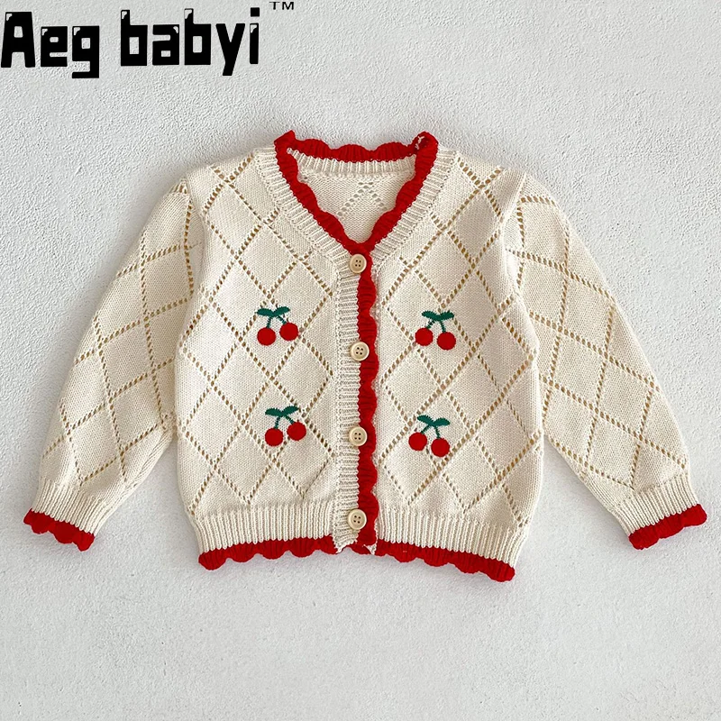 

New Baby Girl Long Sleeve Knit Cardigan Infant Autumn Princess Cherry Embroidery Sweater Girls Knitted Jacket Baby Clothes 0-24M