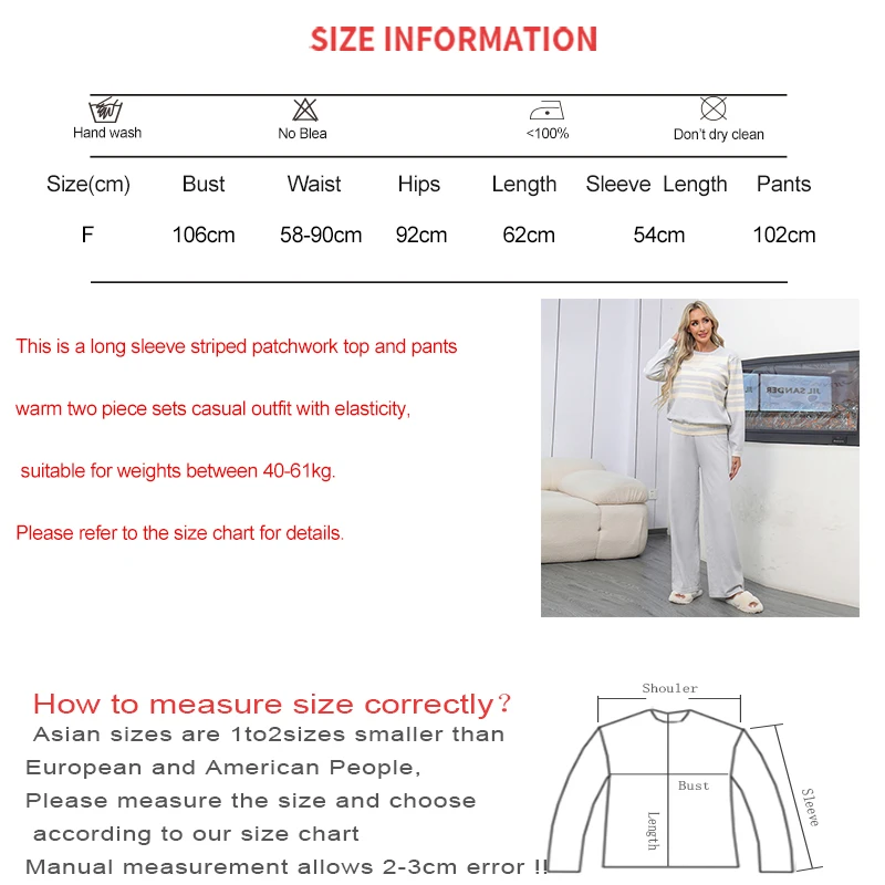 EVNISI Women Fall Winter Two-piece Set Striped Long Sleeve O-Neck Sweater and Wide Leg Pants Set Knit Office Women Outfit Warm